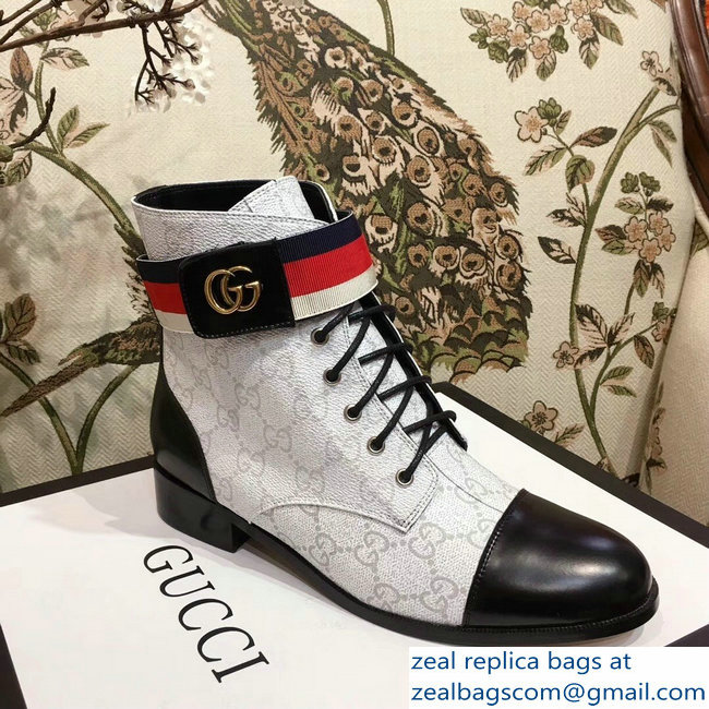 Gucci Lace-up Ankle Boots GG White with Strap 2018