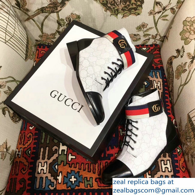 Gucci Lace-up Ankle Boots GG White with Strap 2018