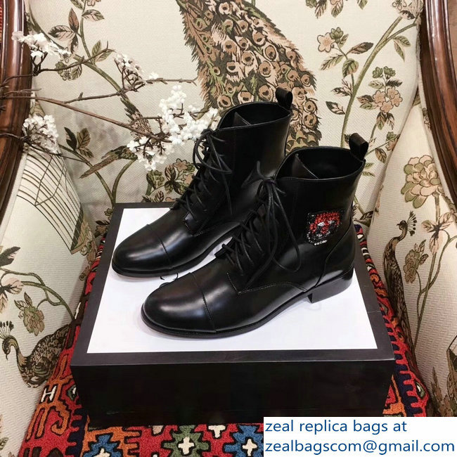 Gucci Leather Ankle Boots Black Embroidered Heart Sword And Tiger Head 2018 - Click Image to Close