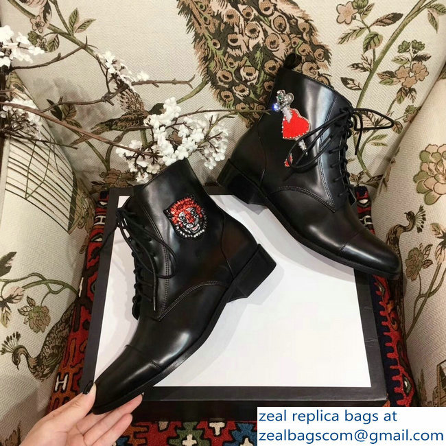 Gucci Leather Ankle Boots Black Embroidered Heart Sword And Tiger Head 2018 - Click Image to Close
