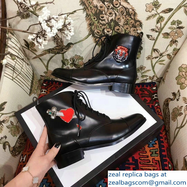 Gucci Leather Ankle Boots Black Embroidered Heart Sword And Tiger Head 2018