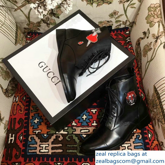 Gucci Leather Ankle Boots Black Embroidered Heart Sword And Tiger Head 2018 - Click Image to Close