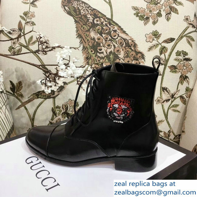 Gucci Leather Ankle Boots Black Embroidered Heart Sword And Tiger Head 2018 - Click Image to Close