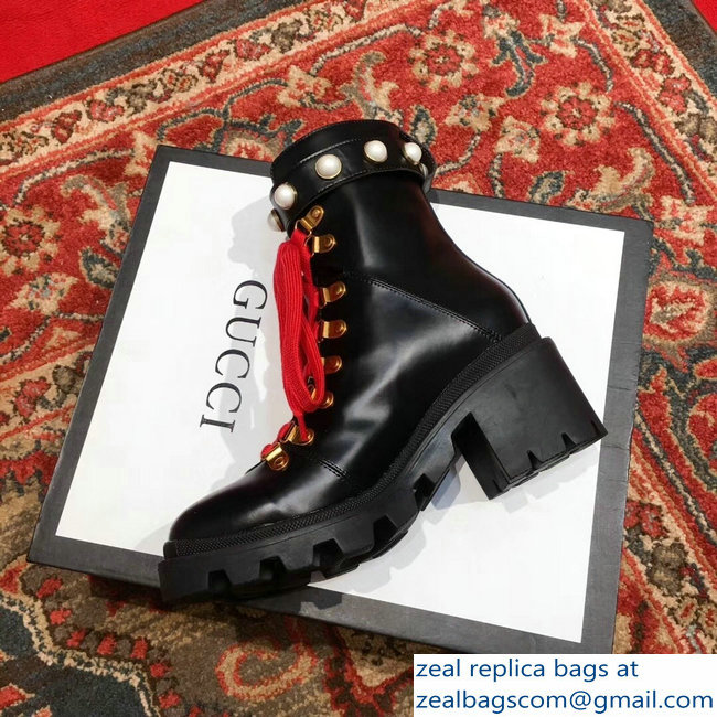 Gucci Leather Ankle Boots Black With Pearl Strap 497372 2018