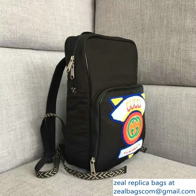 Gucci Nylon Medium Backpack Bag with Gucci '80s Patch 536724 Black 2018 - Click Image to Close