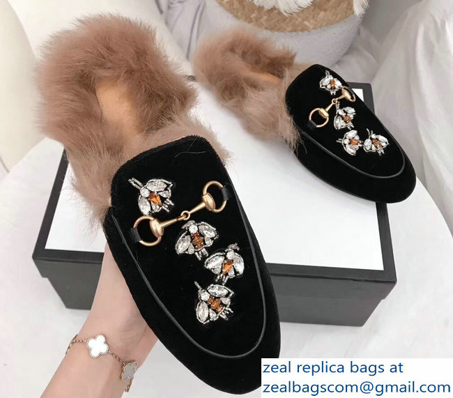 Gucci Princetown Leather Fur Slipper Black Crystals Bees 2018