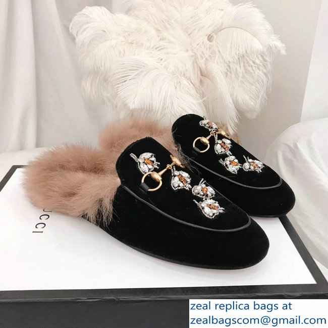 Gucci Princetown Leather Fur Slipper Black Crystals Bees 2018