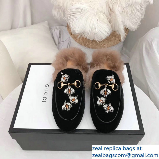 Gucci Princetown Leather Fur Slipper Black Crystals Bees 2018