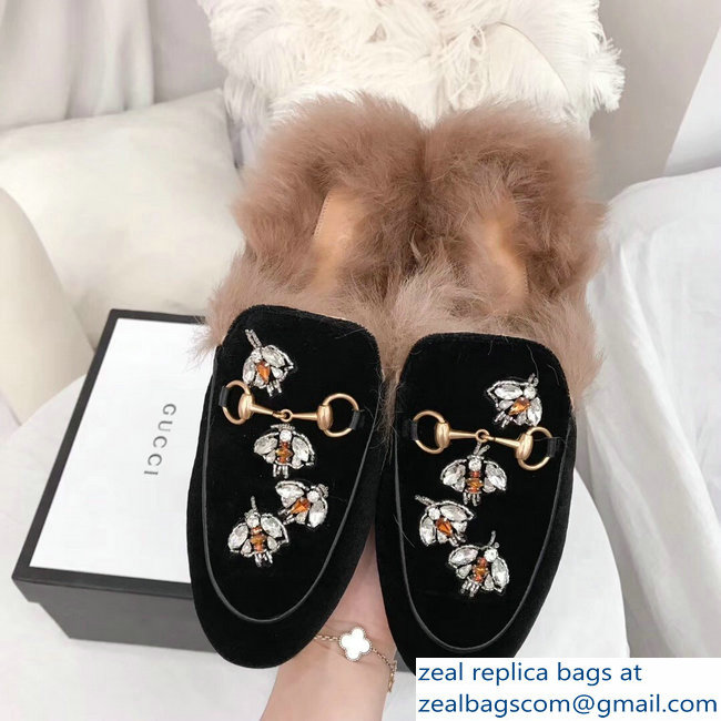 Gucci Princetown Leather Fur Slipper Black Crystals Bees 2018