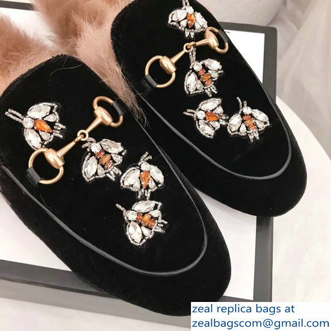 Gucci Princetown Leather Fur Slipper Black Crystals Bees 2018