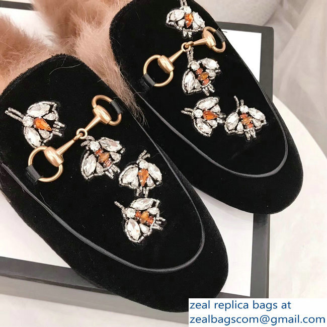 Gucci Princetown Leather Fur Slipper Black Crystals Bees 2018 - Click Image to Close