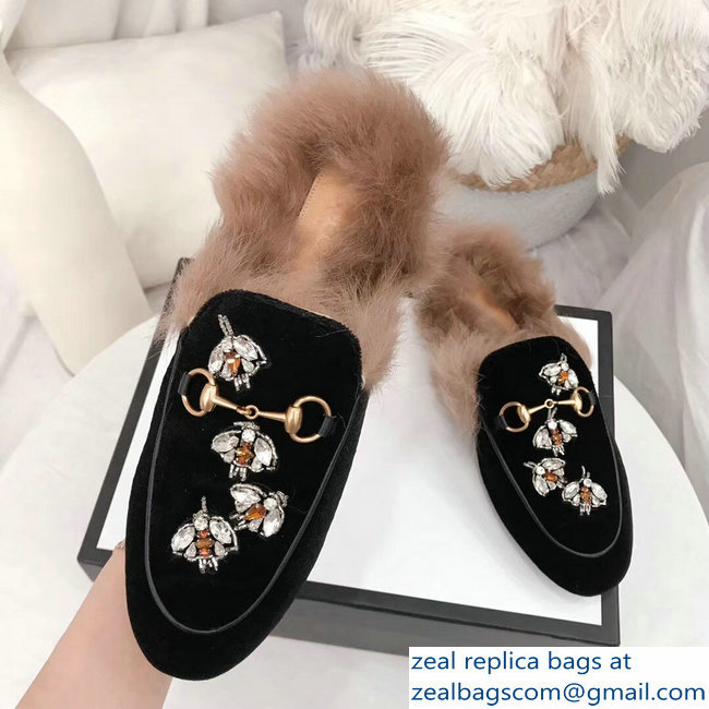 Gucci Princetown Leather Fur Slipper Black Crystals Bees 2018 - Click Image to Close