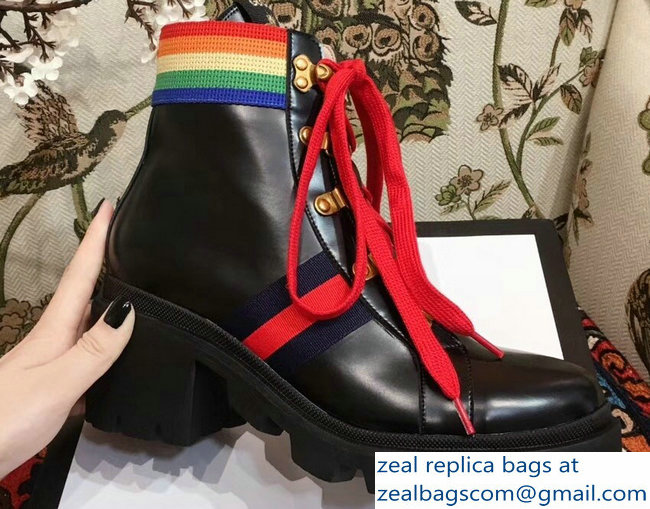 Gucci Rainbow Stripe Leather Ankle Boots Black With Web Bee 2018 - Click Image to Close