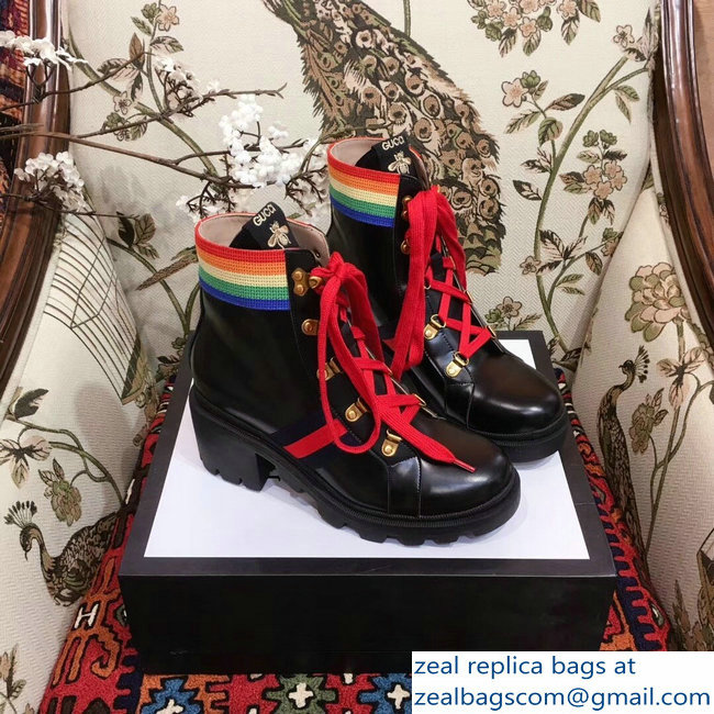 Gucci Rainbow Stripe Leather Ankle Boots Black With Web Bee 2018 - Click Image to Close