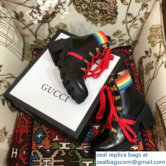 Gucci Rainbow Stripe Leather Ankle Boots Black With Web Bee 2018