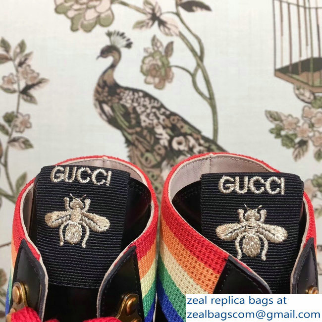 Gucci Rainbow Stripe Leather Ankle Boots Black With Web Bee 2018 - Click Image to Close