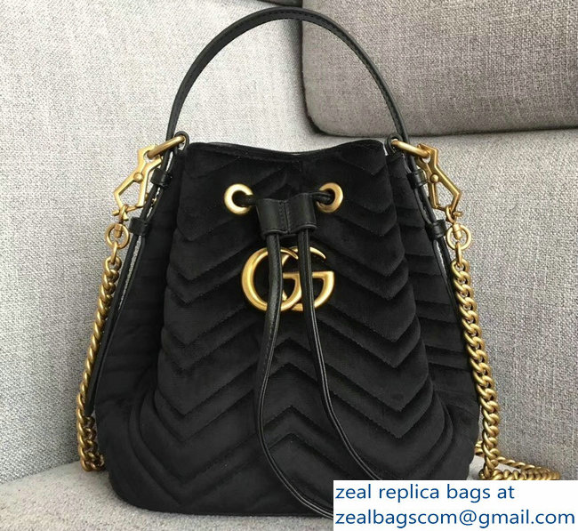 Gucci Velvet GG Marmont Chevron Quilted Bucket Bag 476674/525081 Black