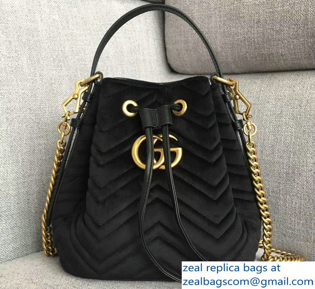 Gucci Velvet GG Marmont Chevron Quilted Bucket Bag 476674/525081 Black - Click Image to Close