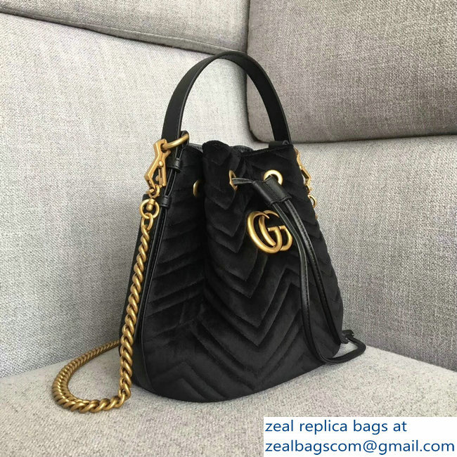 Gucci Velvet GG Marmont Chevron Quilted Bucket Bag 476674/525081 Black