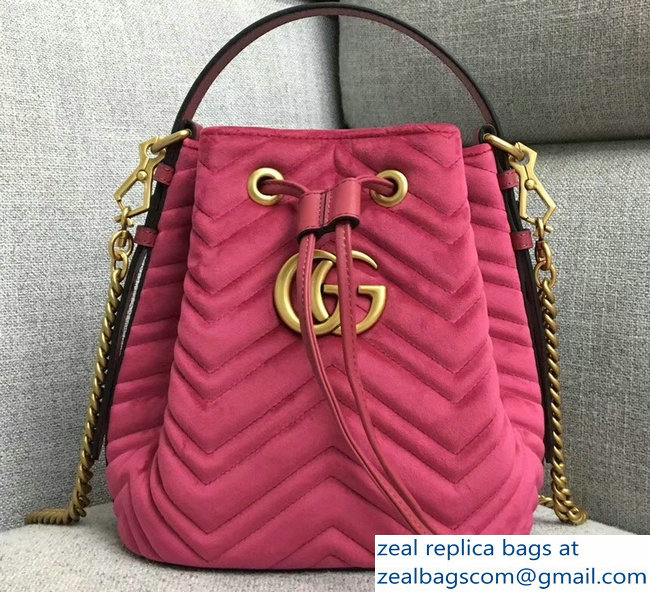 Gucci Velvet GG Marmont Chevron Quilted Bucket Bag 476674/525081 Fuchsia - Click Image to Close