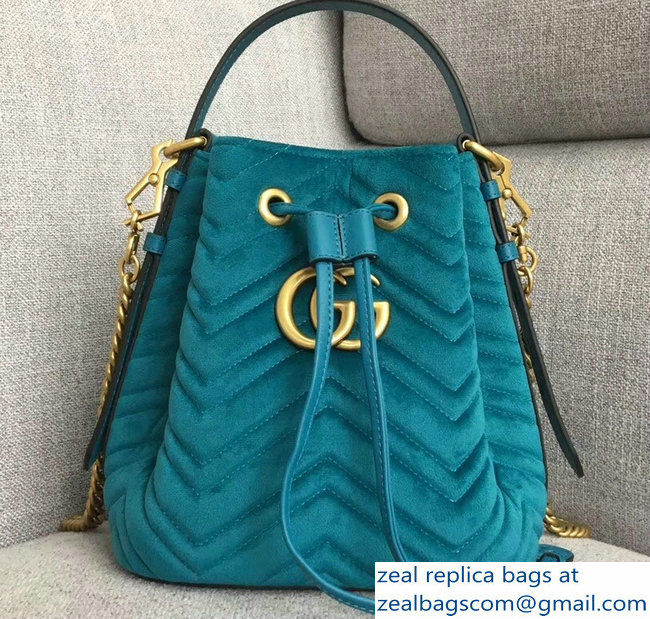 Gucci Velvet GG Marmont Chevron Quilted Bucket Bag 476674/525081 Turquoise
