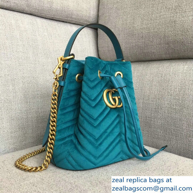 Gucci Velvet GG Marmont Chevron Quilted Bucket Bag 476674/525081 Turquoise