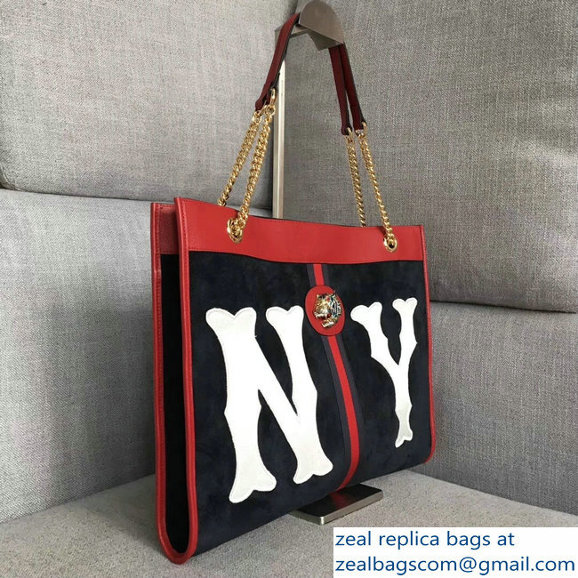 Gucci Web Rajah Large Tote Bag 537219 with NY Yankees-Patch Suede Dark Blue 2018 - Click Image to Close