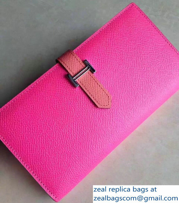 Hermes Bearn Bi-Color Wallet In Original Epsom Leather Fuchsia/Peach - Click Image to Close
