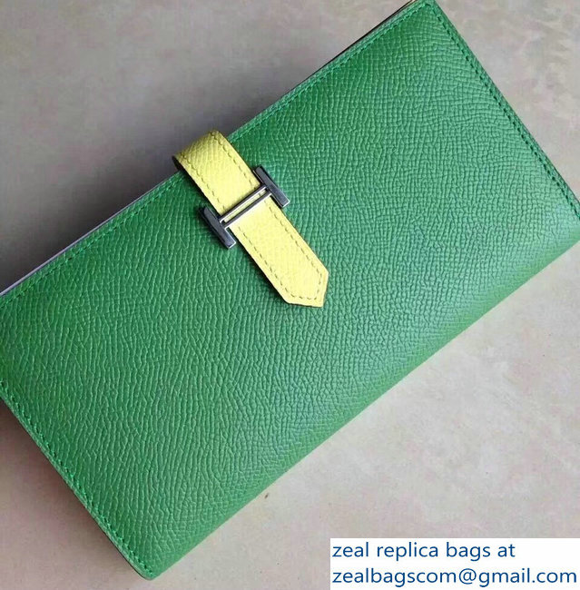 Hermes Bearn Bi-Color Wallet In Original Epsom Leather Green/Yellow