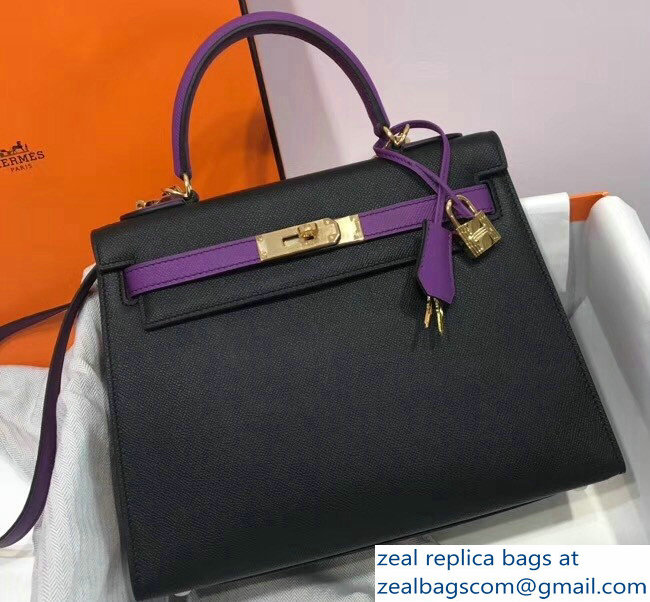 Hermes Bicolor Kelly 28cm Bag in Epsom Leather Black/Purple 2018