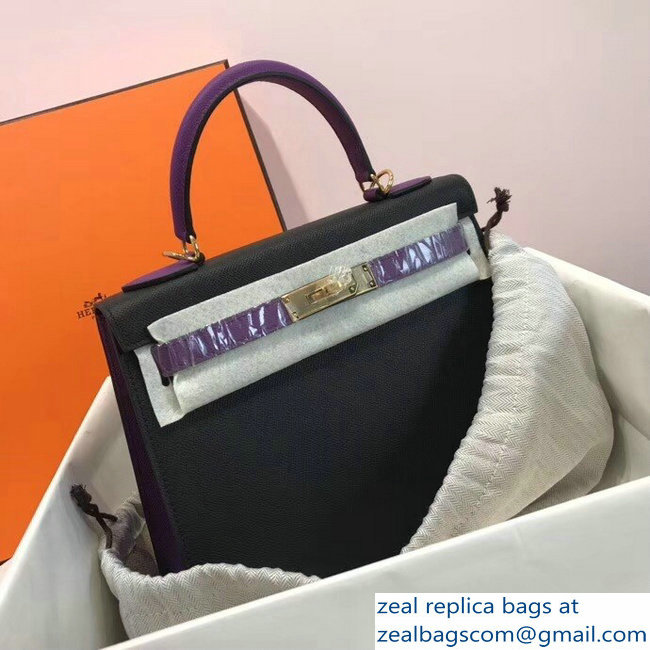Hermes Bicolor Kelly 28cm Bag in Epsom Leather Black/Purple 2018