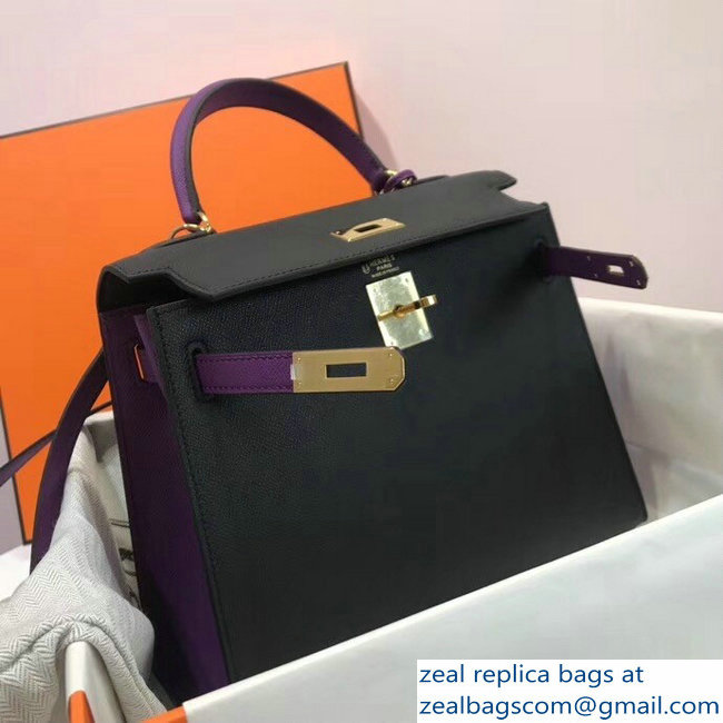 Hermes Bicolor Kelly 28cm Bag in Epsom Leather Black/Purple 2018