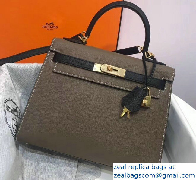 Hermes Bicolor Kelly 28cm Bag in Epsom Leather Etoupe/Black 2018 - Click Image to Close