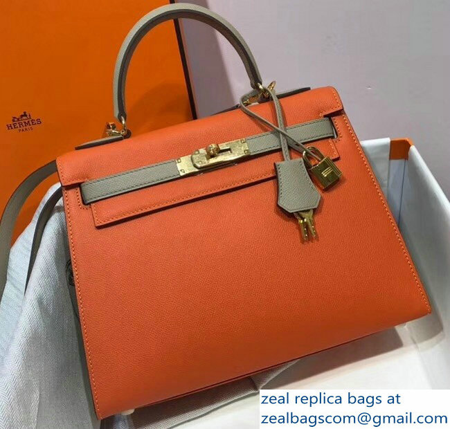 Hermes Bicolor Kelly 28cm Bag in Epsom Leather Orange/Pale Gray 2018