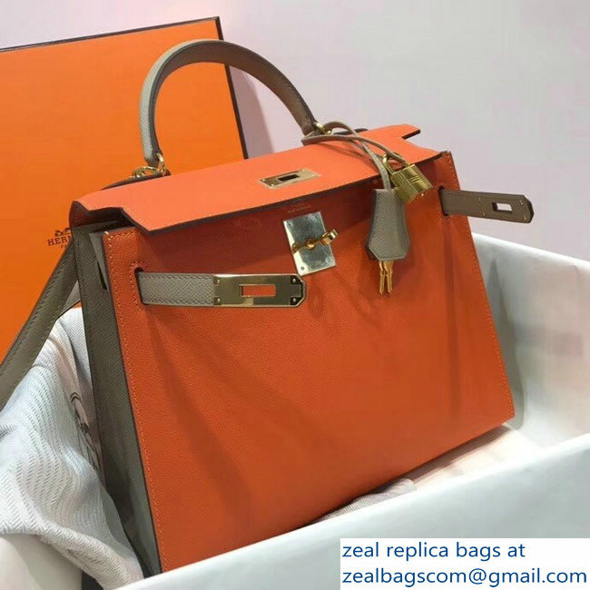 Hermes Bicolor Kelly 28cm Bag in Epsom Leather Orange/Pale Gray 2018 - Click Image to Close