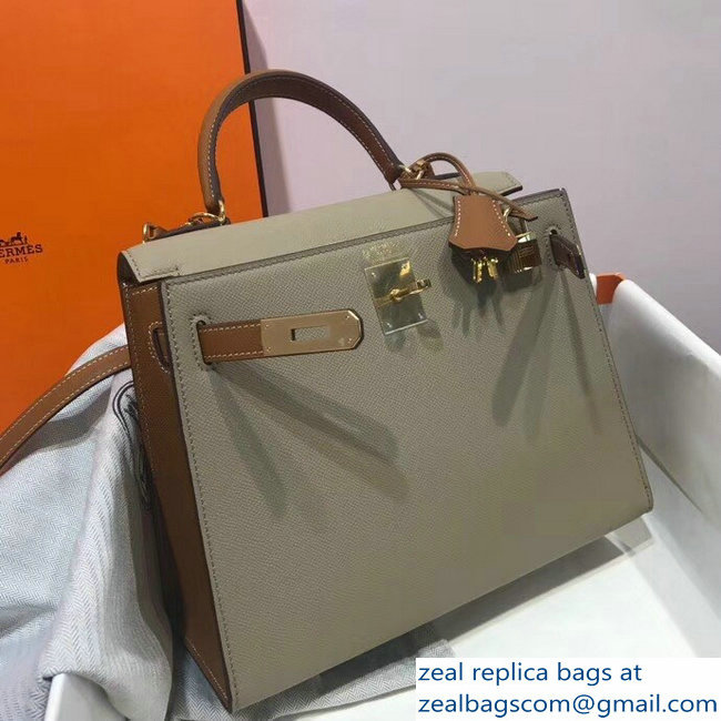 Hermes Bicolor Kelly 28cm Bag in Epsom Leather Pale Gray/Brown 2018 - Click Image to Close