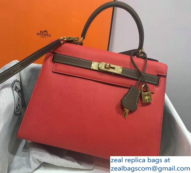Hermes Bicolor Kelly 28cm Bag in Epsom Leather Red/Etoupe 2018 - Click Image to Close