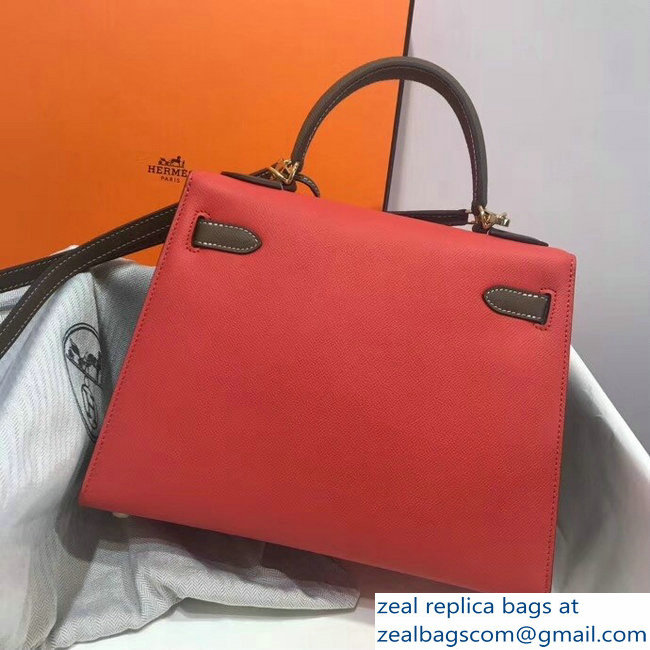 Hermes Bicolor Kelly 28cm Bag in Epsom Leather Red/Etoupe 2018 - Click Image to Close