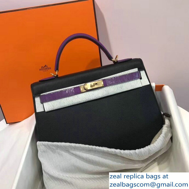 Hermes Bicolor Kelly 32cm Bag in Epsom Leather Black/Purple 2018