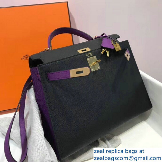 Hermes Bicolor Kelly 32cm Bag in Epsom Leather Black/Purple 2018