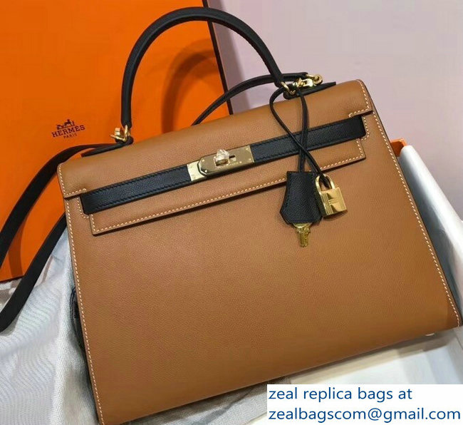 Hermes Bicolor Kelly 32cm Bag in Epsom Leather Brown/Black 2018