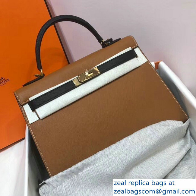 Hermes Bicolor Kelly 32cm Bag in Epsom Leather Brown/Black 2018 - Click Image to Close