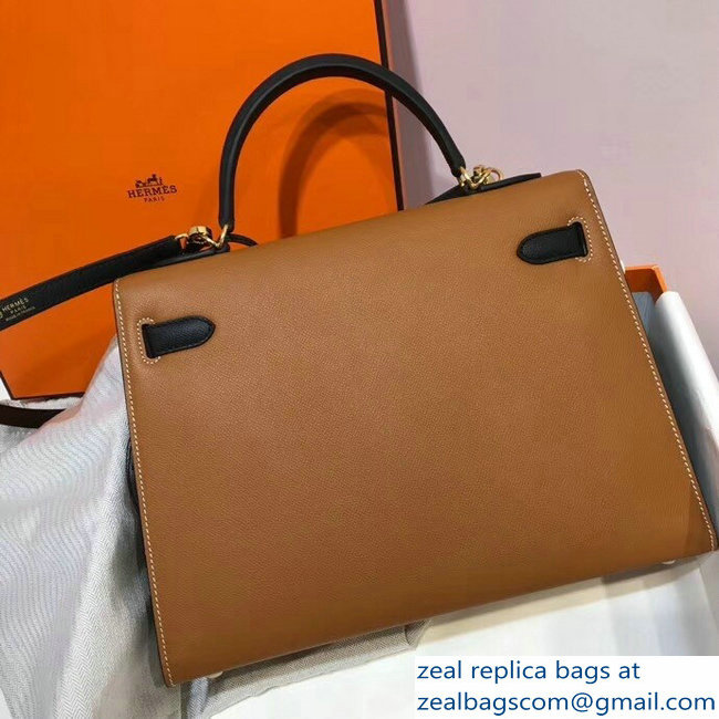 Hermes Bicolor Kelly 32cm Bag in Epsom Leather Brown/Black 2018 - Click Image to Close
