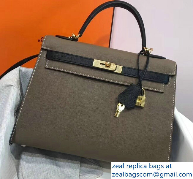 Hermes Bicolor Kelly 32cm Bag in Epsom Leather Etoupe/Black 2018 - Click Image to Close