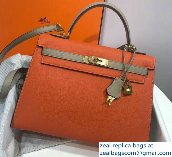Hermes Bicolor Kelly 32cm Bag in Epsom Leather Orange/Pale Gray 2018