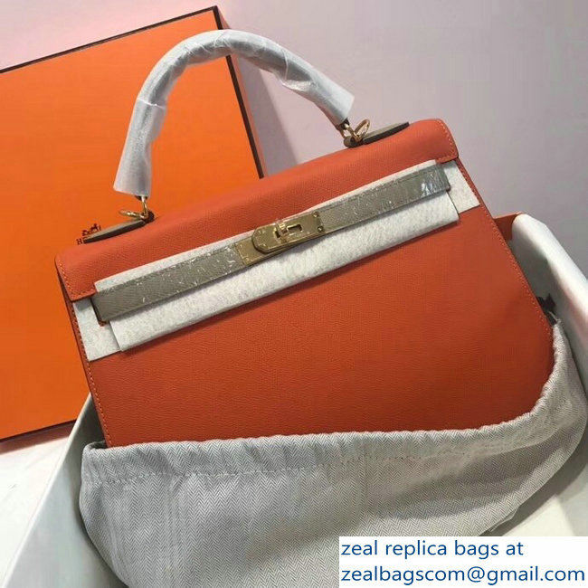 Hermes Bicolor Kelly 32cm Bag in Epsom Leather Orange/Pale Gray 2018