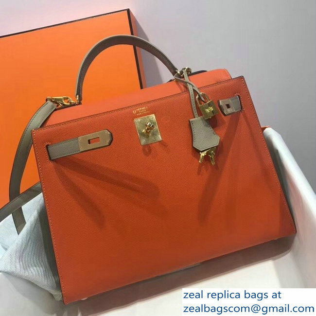 Hermes Bicolor Kelly 32cm Bag in Epsom Leather Orange/Pale Gray 2018