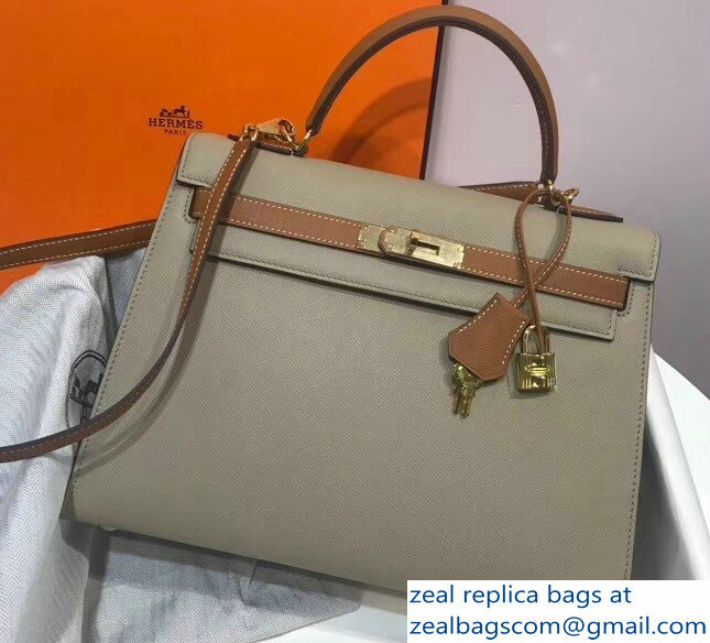 Hermes Bicolor Kelly 32cm Bag in Epsom Leather Pale Gray/Brown 2018 - Click Image to Close