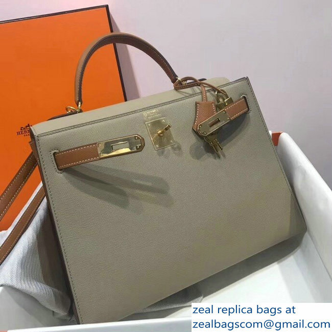 Hermes Bicolor Kelly 32cm Bag in Epsom Leather Pale Gray/Brown 2018 - Click Image to Close