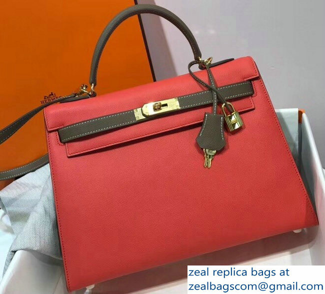 Hermes Bicolor Kelly 32cm Bag in Epsom Leather Red/Etoupe 2018 - Click Image to Close